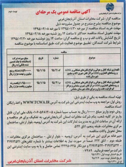 مناقصه , مناقصه نگهداری شبکه کابل و هوائی و انواع تلفن‎های همگانی و ADSL ...نوبت دوم 