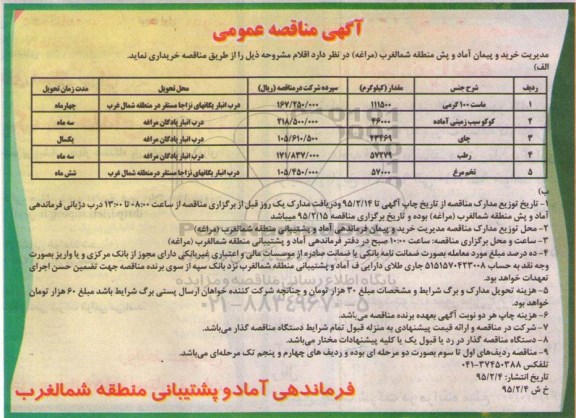 آگهی مناقصه عمومی , مناقصه ماست 100 گرمی و ... 