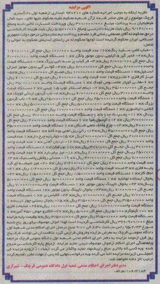 آگهی مزایده, مزایده فروش حباب لامپ سفید، خمیرگیر و ...