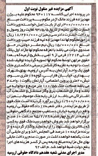 مزایده,مزایده مازاد اول پلاک ثبتی بخش 5 ارومیه نوبت اول