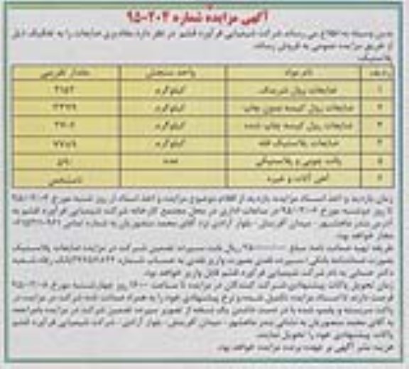 آگهی مزایده, مزایده فروش مقادیری ضایعات از قبیل ضایعات رول شرینک و ...