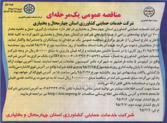 مناقصه عمومی یک مرحله ای , مناقصه عملیات بارگیری ، حمل و تخلیه مقدار 7000 تن انواع نهاده های زراعی