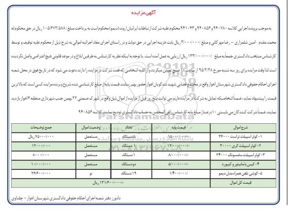 آگهی مزایده , مزایده فروش کولر اسپیلت و ...95.02.06