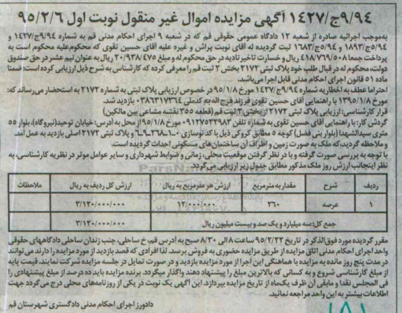 مزایده,مزایده پلاک ثبتی با عرصه دویست و شصت متر مربع نوبت اول