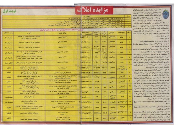 مزایده,مزایده واگذاری املاک نوبت اول 