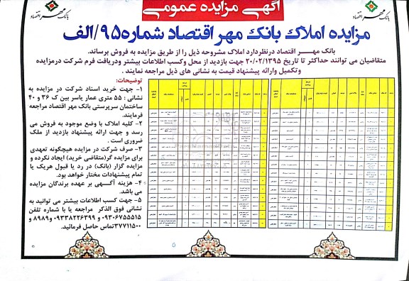 مزایده,مزایده املاک بانک مهر اقتصاد شماره 95/الف