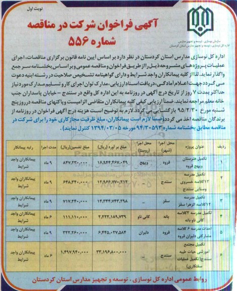 آگهی فراخوان شرکت در مناقصه,مناقصه تکمیل هنرستان ویهج قروه 