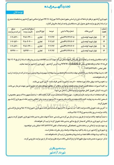 مزایده,مزایده فروش املاک کاربری تجاری تجدید نوبت اول