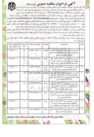 آگهی فراخوان مناقصه عمومی , فراخوان تخریب و بازسازی مدرسه 2 کلاسه خشت و گلی امیر حمزه ...نوبت دوم