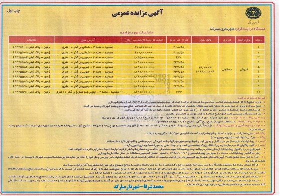 مزایده,مزایده املاک کاربری مسکونی به تعداد ده قطعه