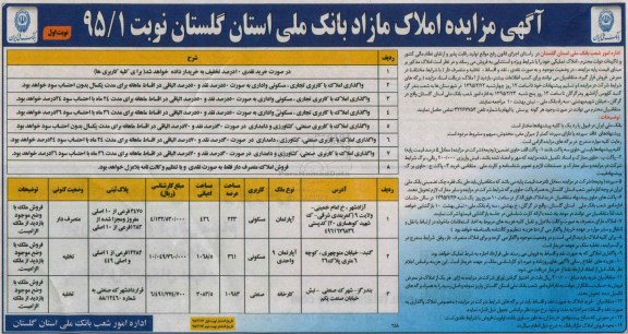 مزایده,مزایده املاک مازاد بانک ملی استان گلستان 