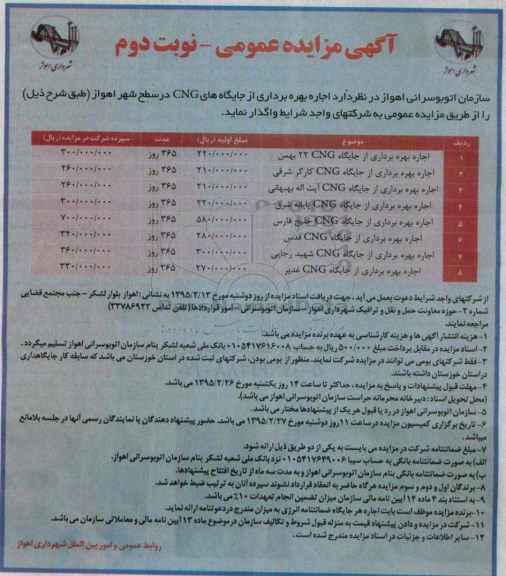 آگهی مزایده عمومی , مزایده اجاره بهره برداری از جایگاه های CNG در سطح شهر اهواز -95.2.13