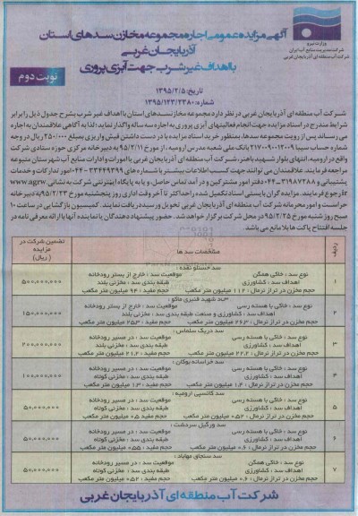 آگهی مزایده عمومی , مزایده اجاره مجموعه مخازن سدهای استان آذربایجان غربی ...- نوبت دوم