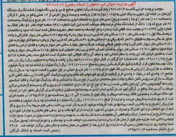 مزایده,مزایده ششدانگ اپارتمان طبقه اول جنوبی بخش4 گرگان