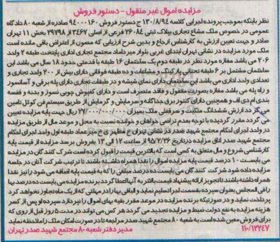 مزایده,مزایده ملک مشاع تجاری کلاسه 130.8.94 