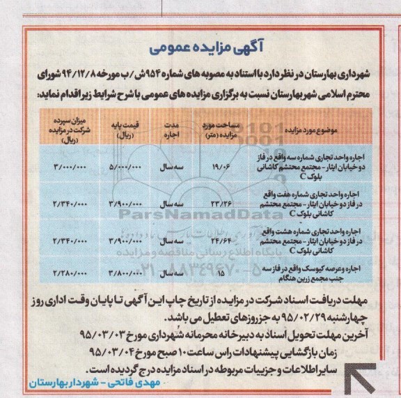 آگهی مزایده عمومی, مزایده اجاره واحد تجاری - 95.02.15