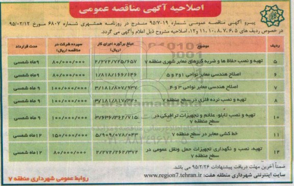 اصلاحیه آگهی مناقصه عمومی , اصلاحیه مناقصه تهیه و نصب حفاظ ها و ...