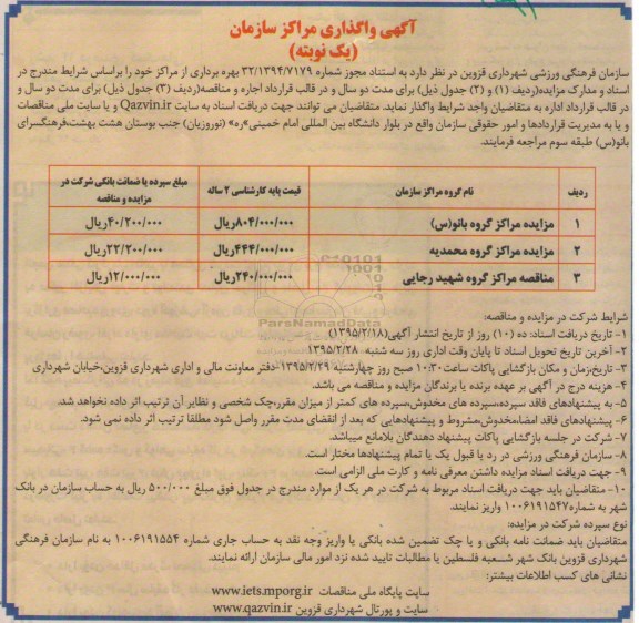 مزایده , مزایده بهره برداری از مراکز نوبت اول
