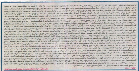 مزایده,مزایده ششدانگ اپارتمان شرق طبقه دوم بلوک سوم نوبت اول 