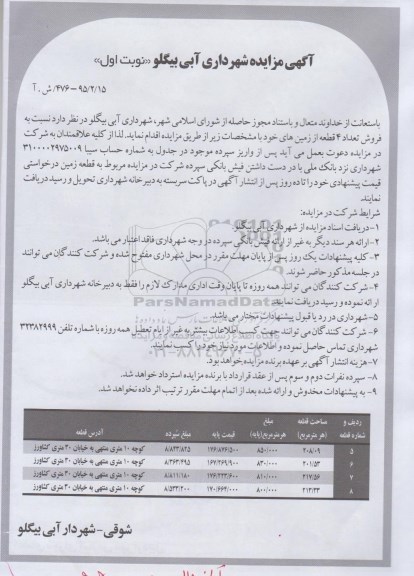 مزایده,مزایده فروش تعداد 4 قطعه از زمین های خود نوبت اول 