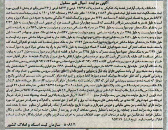 مزایده,مزایده ششدانگ یکباب اپارتمان قطعه یک تفکیکی بخش 5