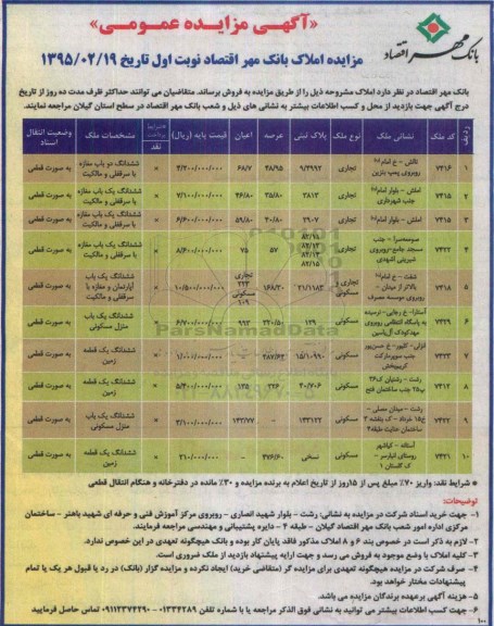 مزایده,مزایده عمومی املاک بانک مهر 