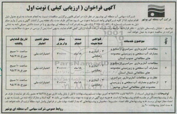 آگهی فراخوان ارزیابی کیفی , فراخوان مطالعات آماربرداری سراسری از منابع و مصارف آب سطحی و زیرزمینی محدوده های مطالعاتی