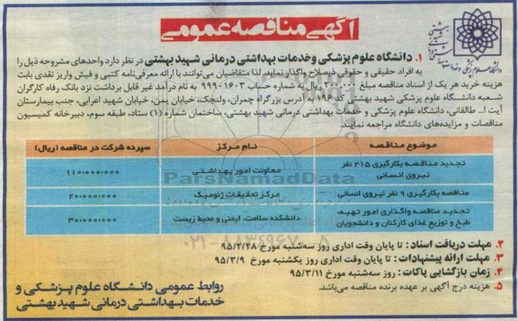 آگهی مناقصه عمومی , مناقصه بکارگیری 215 نفر نیروی انسانی... تجدید
