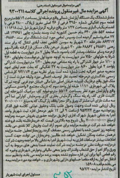 مزایده,مزایده مقدار ششدانگ اپارتمان طبقه اول 55.14متر