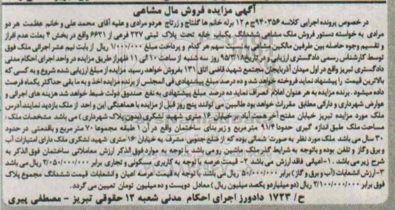 مزایده,مزایده ملک مشاعی ششدانگ یکباب خانه کلاسه 940356 ج م 12