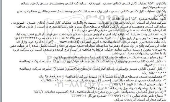 مناقصه واگذاری عملیات کابل کشی کانالی مسی ، فیبرنوری ، سابداکت کشی و مفصلبندی ....