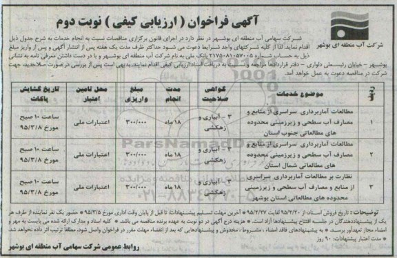 آگهی فراخوان ارزیابی کیفی , فراخوان مطالعات آماربرداری سراسری از منابع و مصارف آب سطحی و زیرزمینی محدوده های مطالعاتی نوبت دوم 