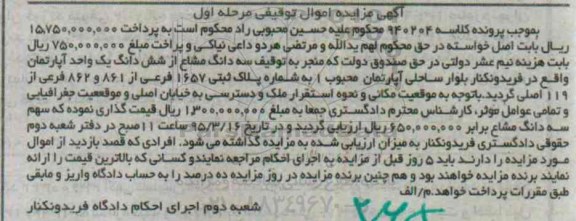 مزایده,مزایده سه دانگ مشاع از ششدانگ اپارتمان مرحله اول 