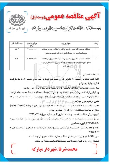 مناقصه , مناقصه  عملیات مرمت و لکه گیری و ترمیم ترانشه و آسفالت ریزی در محلات سطح شهر  نوبت اول 