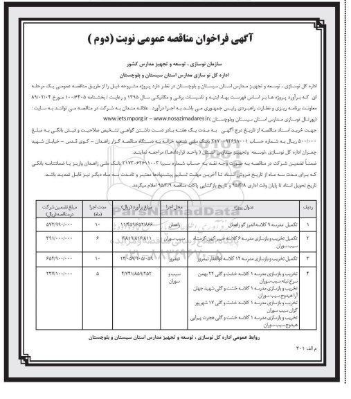 فراخوان مناقصه , فراخوان مناقصه تکمیل مدرسه 9 کلاسه اندرزگو زاهدان ...نوبت دوم