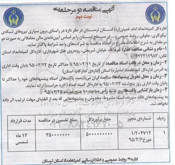 مناقصه , مناقصه برون سپاری نیروهای شبکه نیکوکاری ، حقوقی ، روابط عمومی نوبت دوم 
