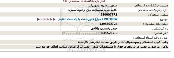 مناقصه   LVD 300W چراغ فلورسنت با بالاست القایی  