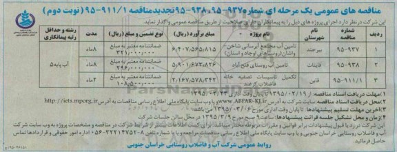مناقصه, مناقصه تامین آب مجتمع آبرسانی شاخن - واشان  و....نوبت دوم