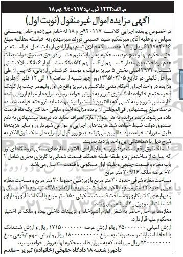 مزایده,مزایده دو سهم از شش سهم 5.2 دانگ مشاع از ششدانگ پلاک نوبت اول 