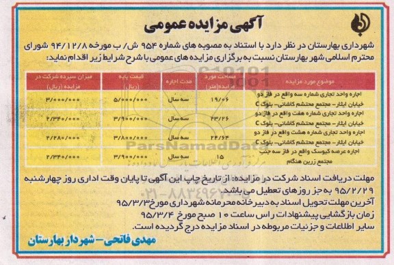 آگهی مزایده عمومی, مزایده اجاره واحد تجاری - 95.02.22