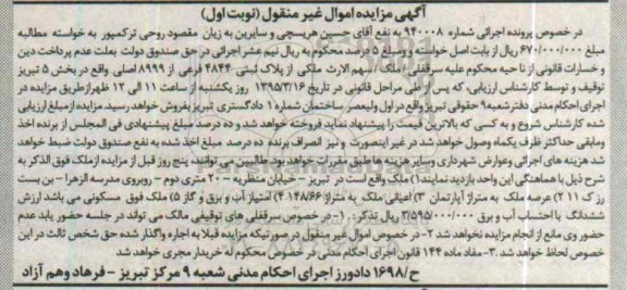 مزایده,مزایده سرقفلی ملک سهم الارث ملکی بخش5 تبریز نوبت اول