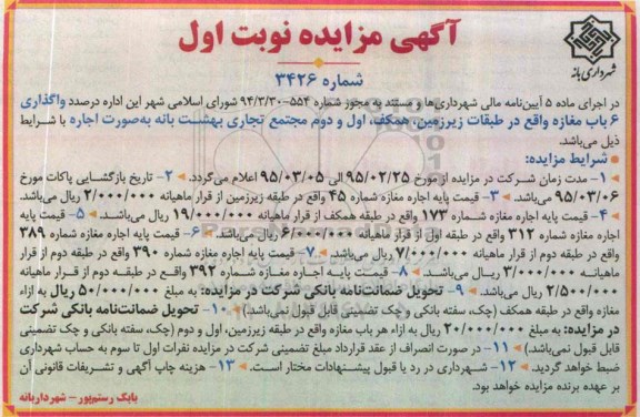 آگهی مزایده, مزایده واگذاری 6 باب مغازه 