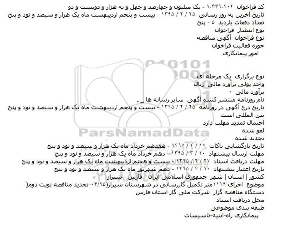 تجدید مناقصه اجرای ۱۱۱۶متر تکمیل گازرسانی در شهرستان شیراز