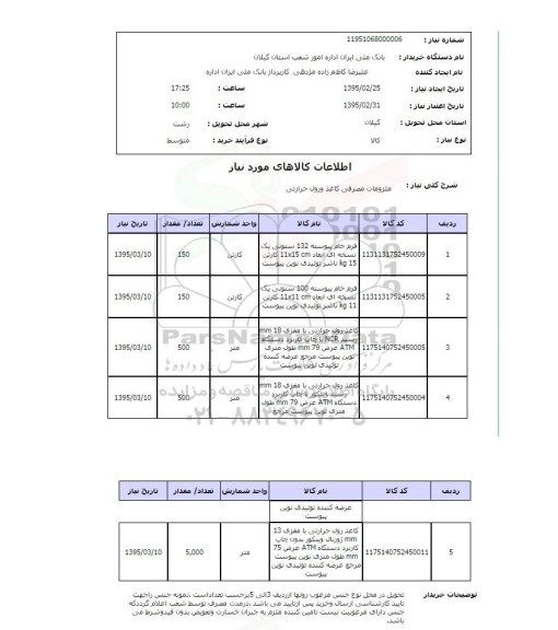 استعلام , استعلام ملزومات مصرفی کاغذ و رول حرارتی
