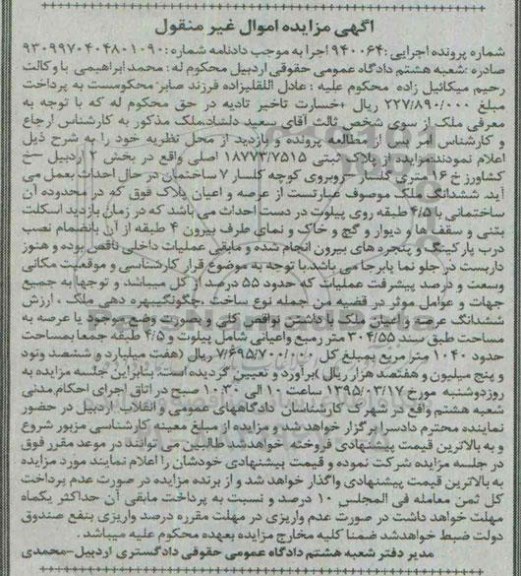 مزایده,مزایده پلاک ثبتی 18773/7515  اصلی واقع در بخش 2 پرونده 940064 