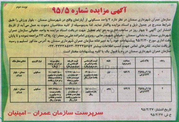 مزایده,مزایده واگذاری 2 واحد مسکونی از اپارتمان نوبت دوم