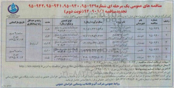 تجدید مناقصه های عمومی یک مرحله ای , مناقصه تامین آب پروژه توسعه روستاهای حاشیه شهر ... نوبت دوم 