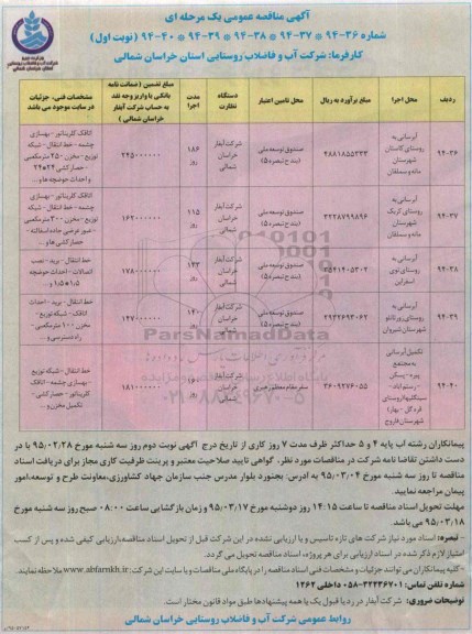 آگهی مناقصه عمومی, مناقصه آبرسانی به روستای کاستان.... نوبت اول