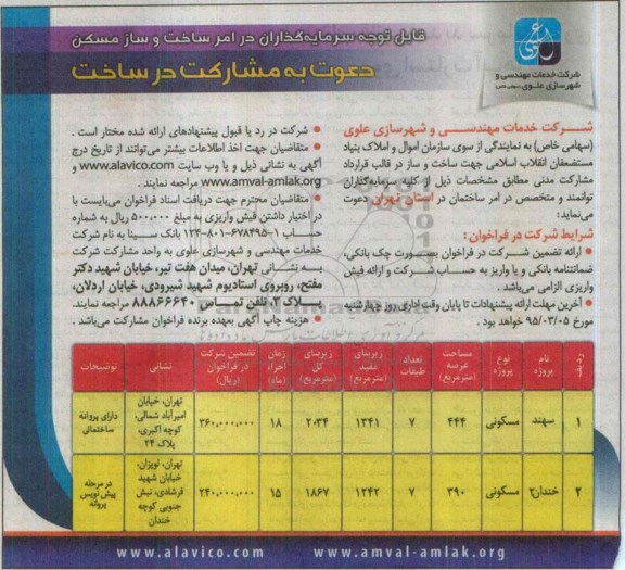 مناقصه , دعوت به مشارکت در ساخت در استان تهران  95.02.28