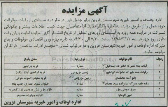 مزایده , مزایده اجاره تعدادی از رقبات موقوفات حوزه عمل 
